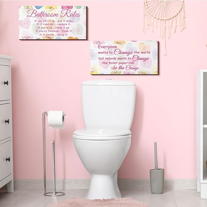 Jetec 2 Pieces Funny Bathroom Signs Bathroom Wall Decor Toilet Wall Accessories Farmhouse Toilet Rustic Wooden Signs, 12x6 Inch(Valentine's Day)