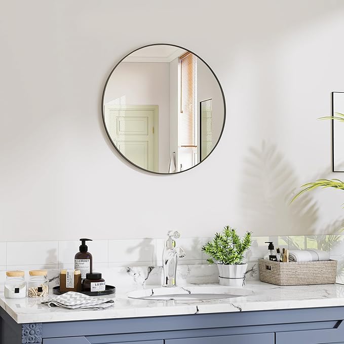 VooBang Black Round Bathroom Mirror, 20 inch Circle Wall Mounted Hanging Mirror with Simple Modern Circular Metal Frame for Hallway, Entryway, Living Room, Black Frame
