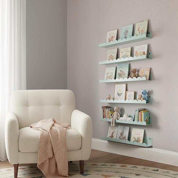 Nursery Book Shelves Set of 6, Blue Metal Floating Shelves for Wall, 16 Inch Scalloped Book Shelf for Kids Room, Bathroom, Bedroom, Playroom Wall Decor & Storage