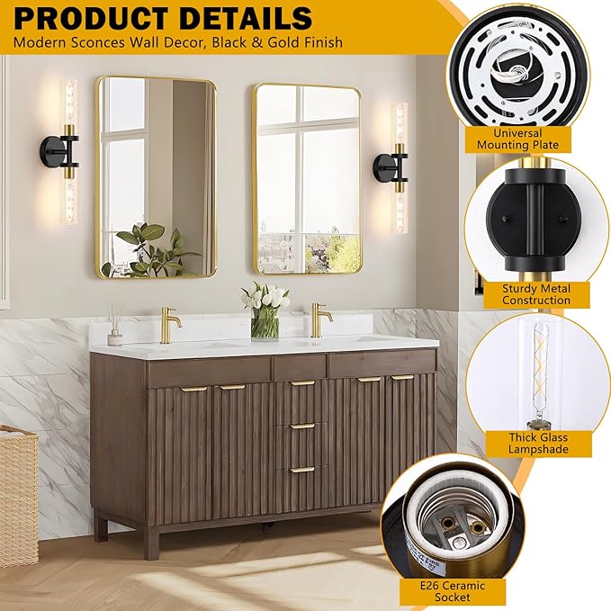 2-Light Bathroom Lighting Fixtures Over Mirror, Black and Gold Vanity Lights for Bathroom, Modern Sconces Wall Lighting with Clear Glass for Bathroom, Bedroom, Living Room (1-Pack)