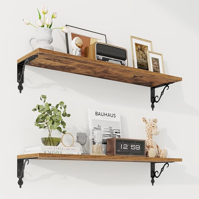 RICHFOCUS Floating Shelves for Wall Decor, 31.5W x 8D Shelves Set of 2, 8" Deep Rustic Wood Floating Shelves Wall Mounted with Brackets, Shelves for Living Room Bedroom Kitchen, Rustic Brown