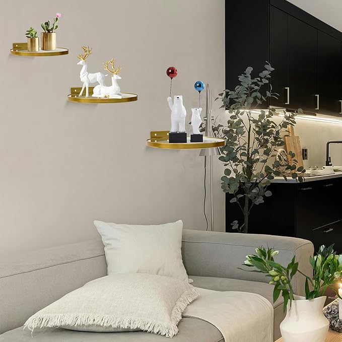 Cityelf Floating Shelves Wall Mounted Wall Decor Iron Glass Hanging Shelf Home Decor Set of 3 Display Ledge Shelves for Living Room Bedroom Office-Gold