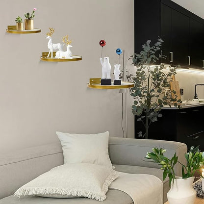 Cityelf Floating Shelves Wall Mounted Wall Decor Iron Glass Hanging Shelf Home Decor Set of 3 Display Ledge Shelves for Living Room Bedroom Office-Gold
