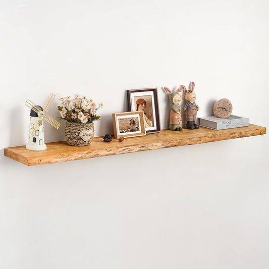 Live Edge Floating Shelf 55 Inch Extra Long | Solid Rustic Elm Wood with Invisible Brackets | Wall Mounted Shelf for Living Room, Kitchen, Bathroom | Natural