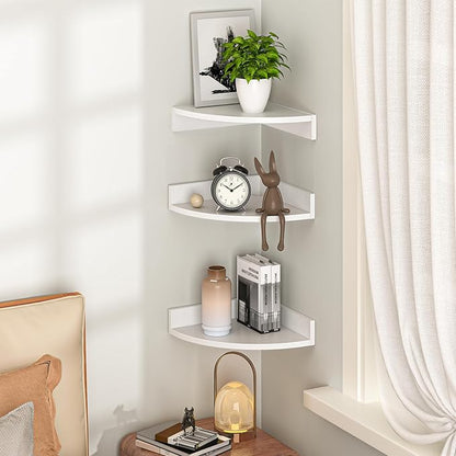 Fun Memories Corner Shelf Wall Mount, Wood Floating Corner Shelves, Corner Wall Shelf for Bedroom, Bathroom, Kitchen, Living Room (White, 3 Pack)