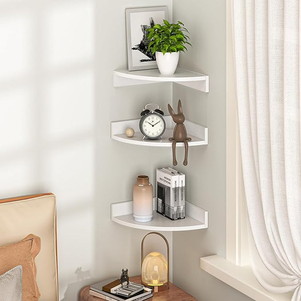 Fun Memories Corner Shelf Wall Mount, Wood Floating Corner Shelves, Corner Wall Shelf for Bedroom, Bathroom, Kitchen, Living Room (White, 3 Pack)
