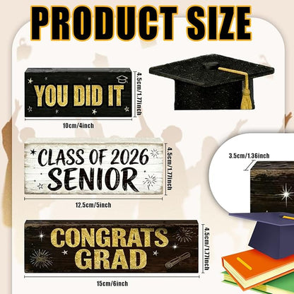 2026 Graduation Table Decorations Class of 2026 Senior Tiered Tray Decor Wooden Hat Block Signs Farmhouse Congrats Grad Tabletop Party Centerpiece for Tables Wooden Sign for Home Decor