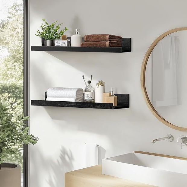 Muzilife 16" Floating Wall Ledge Shelves with Lip - Set of 2 Wood Floating Shelves - Black Wall Mounted Picture Ledge for Office, Bathroom, Bedroom, Living Room, Kitchen