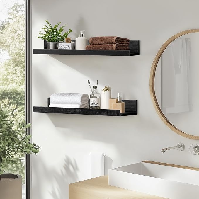 Muzilife 24" Small Floating Wall Ledge Shelves with Lip - Set of 2 Wood Floating Shelves - Black Wall Mounted Picture Ledge for Office, Bathroom, Bedroom, Living Room, Kitchen