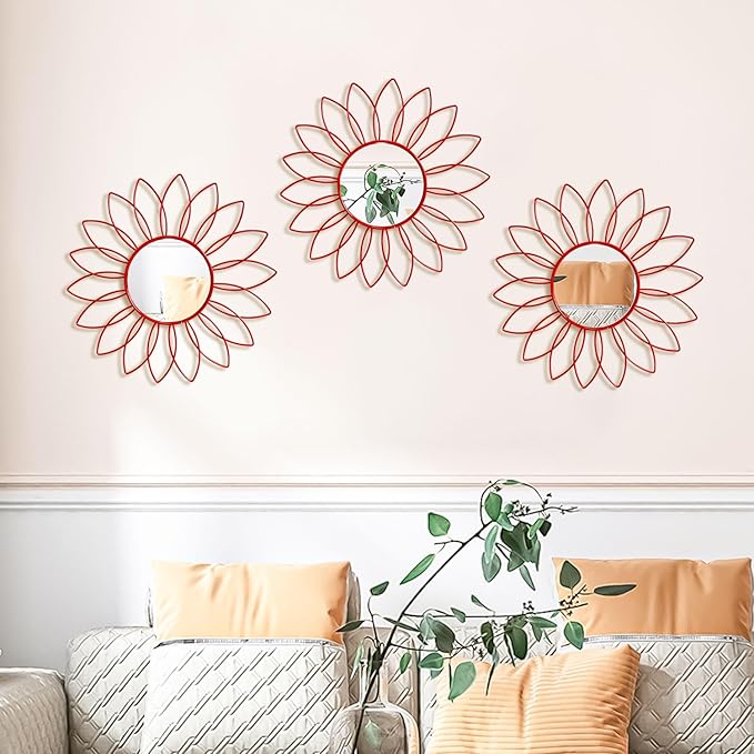 3 Pack Metal Mirrors for Wall Sunburst Wall Mirrors Home Décor Decorative Hanging Wall Art for Living Room Bedroom Entryway (Red, Flowers)