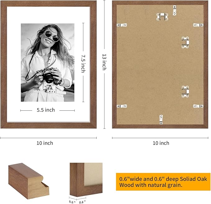 puthiac 9x12 Solid Oak Wood Picture Frame, Fits 6x8 with Mat or 9x12 Without Mat, Wall or Tabletop Display with Stand, Vertical or Horizontal, Plexi Front, 3 Pack, Walnut