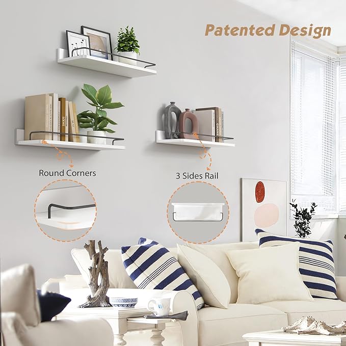 Forbena White Floating Shelves Bathroom Shelves Over Toilet Set of 3, Bathroom Organizers and Storage Shelves Wall Mounted, Modern Wood Corner Wall Shelf for Bedroom Closet -White and Dark Grey