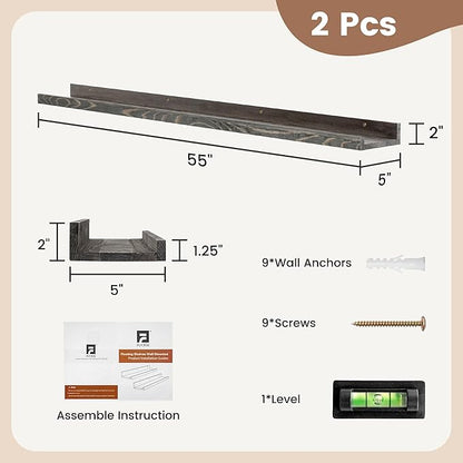 Picture Ledge Shelf, Floating Shelves Set of 2, Solid Pine Wood 55'' Long Large Nursery Book Shelves for Toys Storage, Kids Bookshelf for Living Room Bedroom Decor Books Photo Frames, Grey