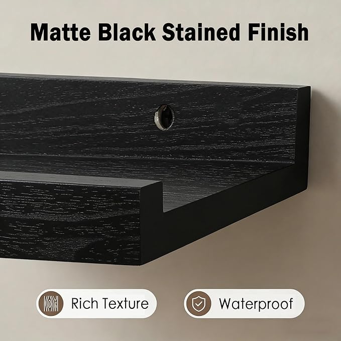 Z metnal Wood Floating Shelves, Small Natural Wooden Display Wall Shelf for Picture Ledge, Wall Mounted, 12 x 5.5inch, Black, 2 Pack