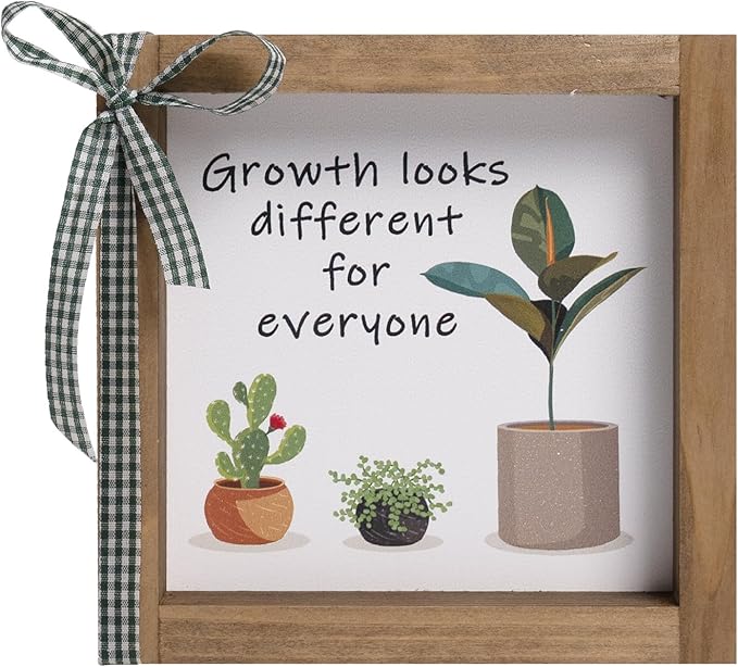 6 Inch Office Desk Decor, Wooden Growth Looks Different for Everyone Plant Sign, Rustic Motivational Art for Cubicle Table Shelf Classroom Inspirational Home Decorations