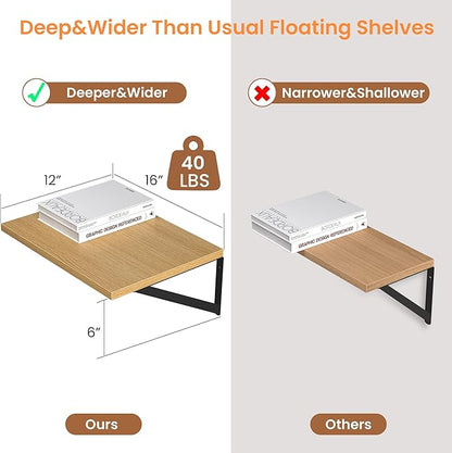 Heimlove 12 Inch Deep Floating Shelves for Wall, 16W x 12D Wood Wall Shelves Set of 2, Rustic Oak Wide Floating Bookshelf for Living Room, Kitchen, Office, Bedroom, with Black Metal Bracke - Oak