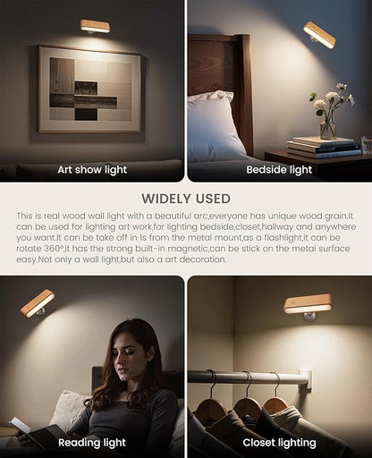 Wood Battery Operated Wall Sconce Set of 2, Magnetic Mini Wall Lights with 360° Rotation and Adjustable Brightness, Stick-On Mount for Bedside, Hallway, Living Room (2Pack Beech Wood)