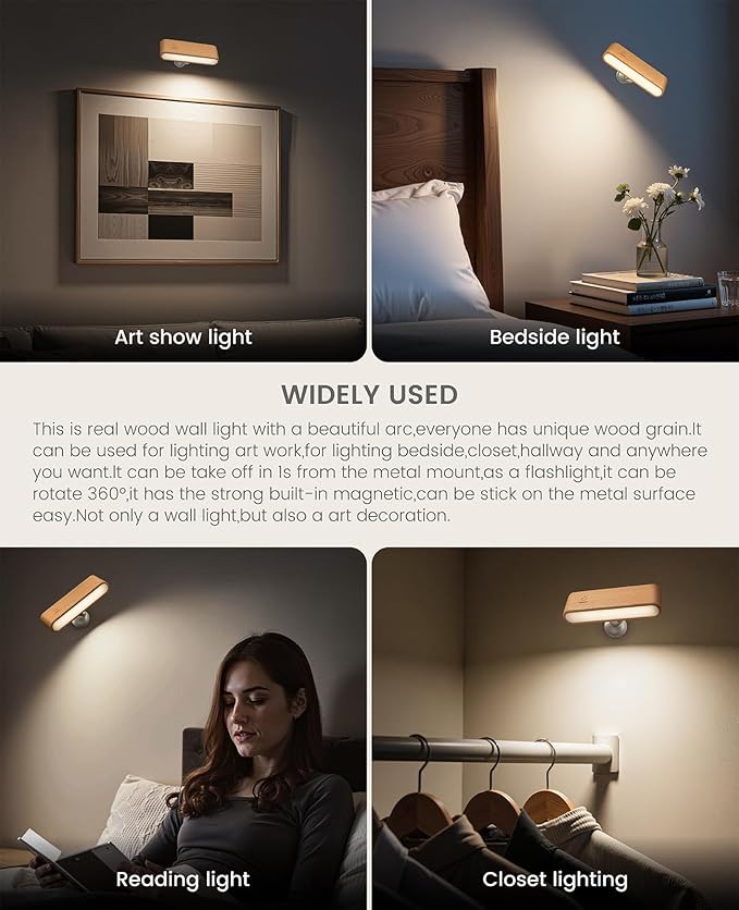 Wood LED Wall Sconce, Magnetic 360° Rotatable Wall Mounted Night Light & Reading Light, Small Rechargeable Battery Powered Bedside Wall Lamp for Bedroom, Living Room, Beech Wood