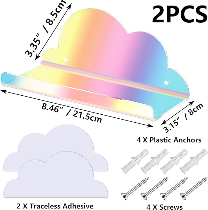 Lesnala 2Pcs Cloud Mini Shelf Iridescent Floating Shelves Acrylic Wall Mounted with Stickers and Screws for Bathroom Bedroom Living Room Office
