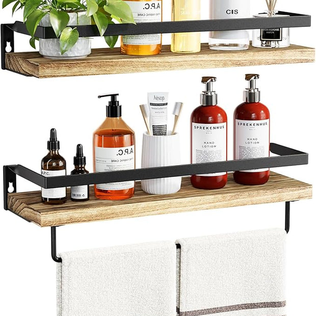 AMADA HOMEFURNISHING Bathroom Shelves with Towel Bar, Floating Shelves, Wall Shelves for Bathroom/Living Room/Kitchen/Bedroom, Light Brown, Set of 2 - AMFS01