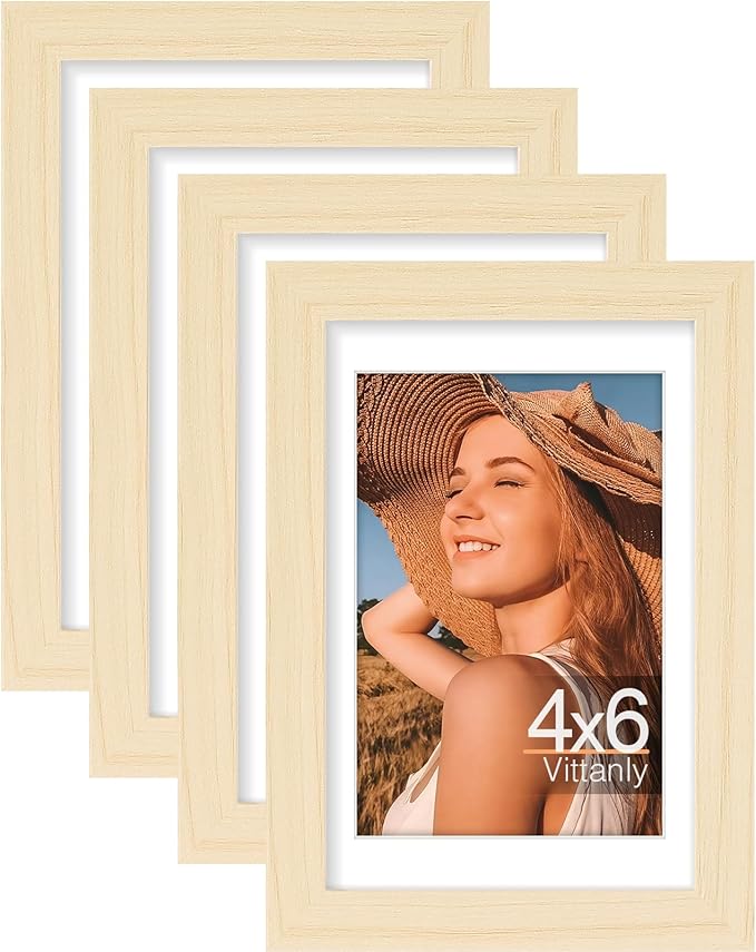 Vittanly 4x6 Picture Frame Set of 4, Display Pictures 3.5x5 with Mat or 4x6 without Mat, Photo Frames for Wall or Tabletop Display, Engineered Wood with Shatter Resistant Plexiglass, Natural Wood