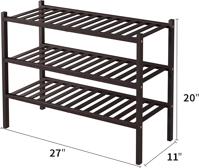 3 Tier Bamboo Shoe Rack for Closet Free Standing Wood Shoe Shelf for Entryway Small Space Stackable 27