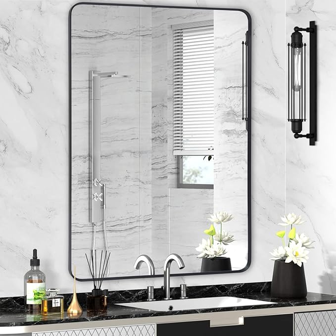 Black Metal Framed Bathroom Mirror for Wall, Large Brushed Matte Black Rounded Corner Rectangular Bathroom Vanity Mirror, Anti-Rust, Tempered Glass (28