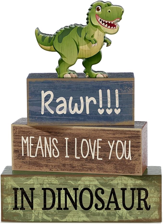 4 Pcs Dinosaur Table Decorations Wooden Dinosaur Decor Dino Safari Party Centerpieces for Table Jungle Animal Theme Baby Shower Tabletop Stand for Boys Girls Birthday Party Decorations