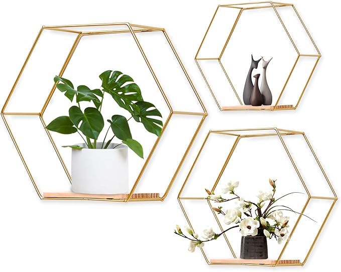 Wall Mounted Hexagonal Floating Shelves Set of 3 in Different Sizes, Modern Metal Wall Shelf, Simple Wood Partition Storage Shelves, Decor Rack for Bedroom, Living Room, Kitchen and Office