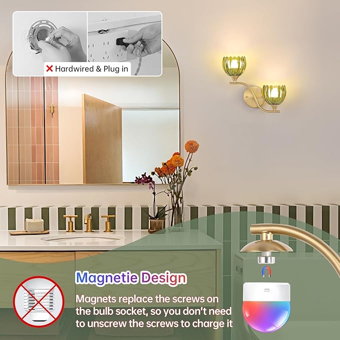 Battery Operated Wall Sconce, 2-Lights Vinatge Brass Wall Lighting with Green Tluip Shade Rechargeable Bulb with Remote for Living Room, Bedroom