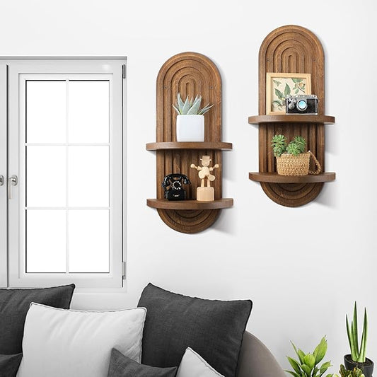 Wenqik 2 Pcs Boho Wall Shelf Rainbow Arch Wooden Floating Shelf Mid Century Bohemian Hanging Holder Double Vintage Wall Mount Altar Decor for Nursery Bedroom 15.75 x 6.69 Inches(Brown)