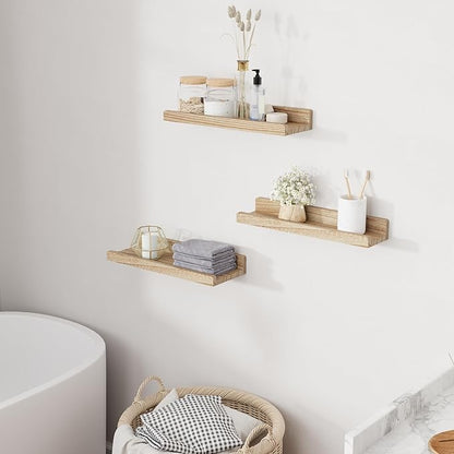RICHFOCUS Floating Shelves for Wall, 16 inch Solid Wood Picture Ledge Shelf for Wall Storage, Nursery Book Shelves with Lip for Living Room Bathroom Bedroom Kitchen, Set of 3, Carbonized Black