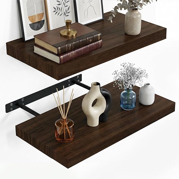 INHABIT UNION 20in Floating Shelves for Wall, Wall Mounted Shelves for Decor Storage Set of 2, Floating Shelf for Bedroom, Bathroom, Living Room and Kitchen（Dark Walnut）