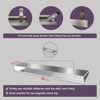 Stove Shelf for Stove Top, Spice Rack Organizer, Easy Installation, Kitchen Storage Solution, with Standard 30" Length, Brushed Stainless Steel, Non Magnate (Stainless Steel)