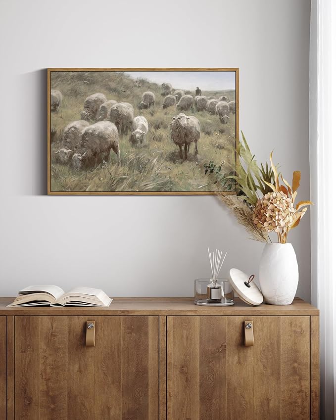 InSimSea Framed Canvas Wall Art Vintage Decor, Sheep on the Dunes Pictures Farmhouse Decor, Large Wall Art Living Room Bathroom Bedroom Office Decorations, 16