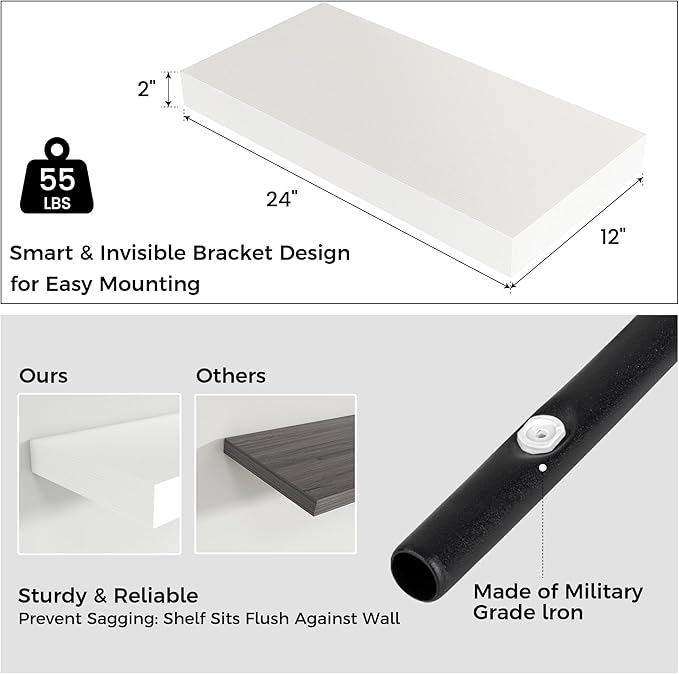 Floating Shelves for Wall, 24 Inch Wide x 12 Inch Deep Floating Shelves, Long Wood Floating Wall Shelf Shelves for Living Room Bathroom Bedroom Kitchen Home - (White, 24