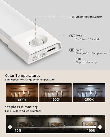 EZVALO 7.8" Rechargeable Motion Sensor Light Indoor, 6-Pack Under Cabinet Lighting, Wireless Closet Lights, 30 LED, Dimmable, 3 Color Temperatures, Step Lights for Kitchen, Pantry, Bedroom, Wardrobe