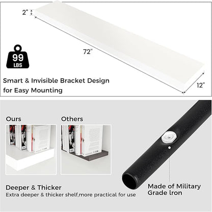 Floating Shelves for Wall, 72 Inch Wide x 12 Inch Deep Floating Shelves, Long Wood Floating Wall Shelf Shelves for Living Room Bathroom Bedroom Kitchen Home - (White, 72" W x 12" D x 2" H)
