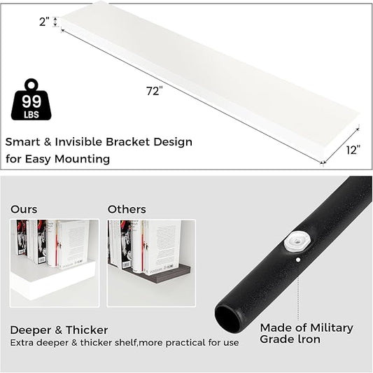 Floating Shelves for Wall, 72 Inch Wide x 12 Inch Deep Floating Shelves, Long Wood Floating Wall Shelf Shelves for Living Room Bathroom Bedroom Kitchen Home - (White, 72" W x 12" D x 2" H)