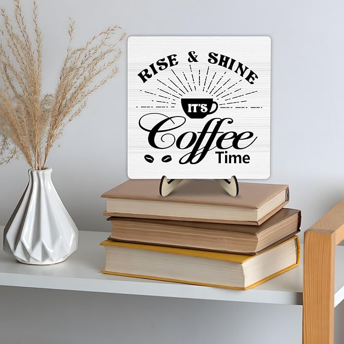 Vintage Coffee Bar Wooden Plaque Desk Sign, Farmhouse Wood Plaque Tabletop Decor for Cafe Bar Kitchen Office,Coffee Station Accessories 5.9x5.9Inch(Coffee- White02)