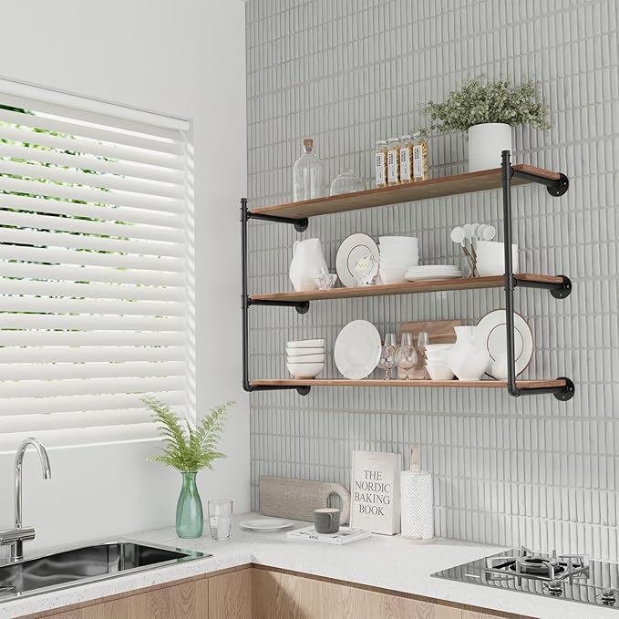 Industrial Pipe Shelf Brackets Wall Mount, Open Black Pipe Shelving for Kitchen,Floating Shelf Brackets Mount,Open Bookshelf Brackets for Shelves,Wall Shelves 12 Inch Deep,(2PcsX3Tier,32