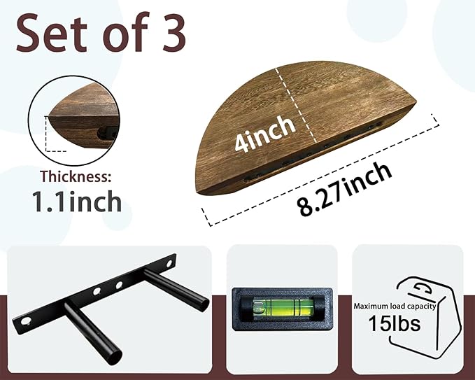 Solid Wood Half Round Rustic Floating Shelves, Natural Wood Wall Shelves, Elevate Your Space. Perfect for Living Rooms, Bathrooms, Bedrooms, Offices, Children's Rooms,Pictures Plants Books