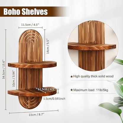 Artilady 2 Pack Wood Wall Hanging Shelves Boho Floating Shelf 2 Tier Handmade Rainbow Arch Vintage Wooden Wall Decor Trinket Storage Rack for Bedroom Living Room Nursery Bathroom