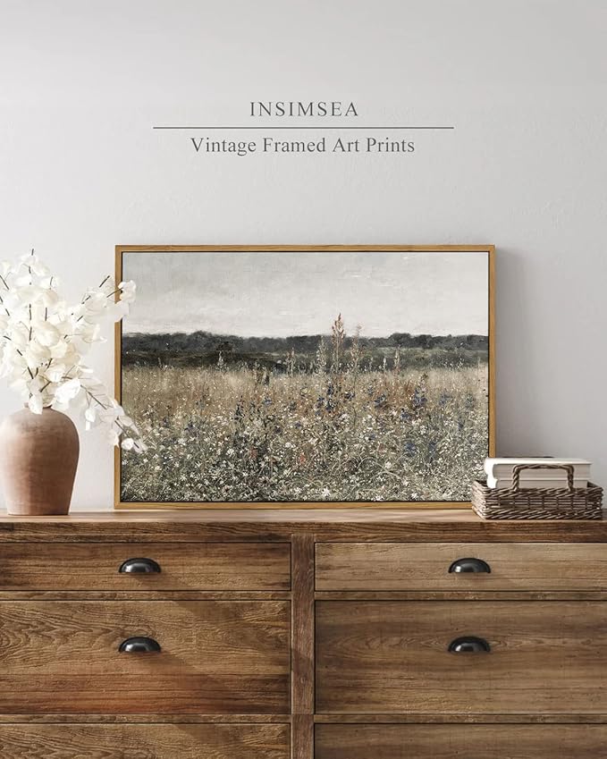 InSimSea Framed Canvas Wall Art Vintage Decor, Wildflower Field Vintage Wall Art Canvas Prints, Modern Farmhouse Bathroom Home Wall Decor, 16