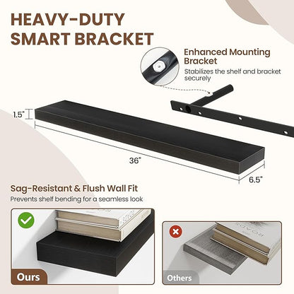 36 Inch Floating Shelves for Wall 2 Pack, 36" Wall Shelves for Books, Storage, Decor, Wall Mounted Floating Shelf with Invisible Brackets for Kitchen, Living Room, Black