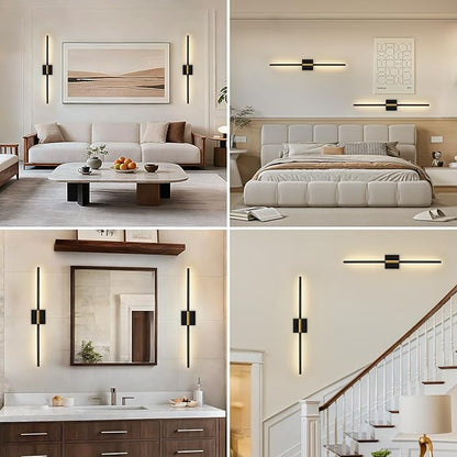 Battery Operated Wall Sconces Set of Two - Wireless Rechargeable Wall Light with Remote - Black Gold LED Wall Lamp Dimmable Modern Home Decor for Bedroom Living Room 31.5 Inch (2 Pack)