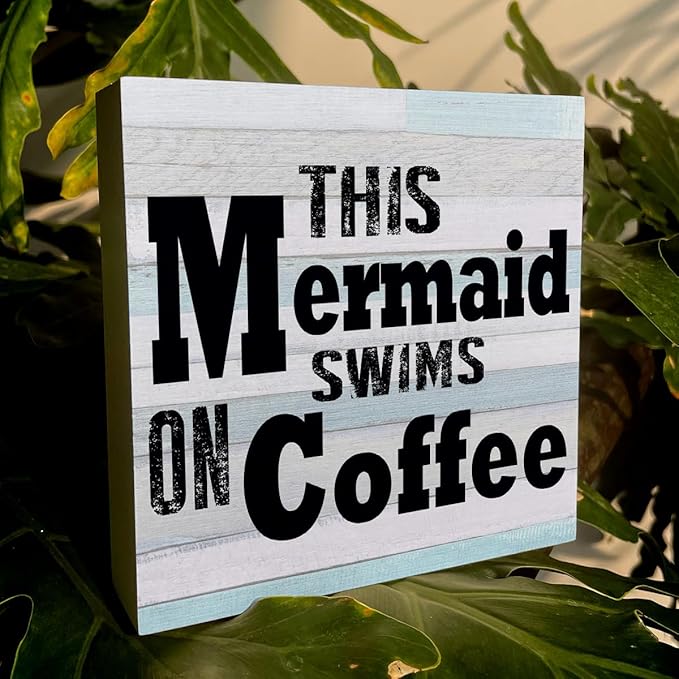 Mermaid Decor Beach Decorations for Home Rustic Kitchen Mermaid Bathroom Beach Theme Wooden Box Sign for Home Sea Desk Coffee Bar Shelf Centerpieces Table