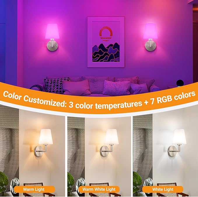 Battery Operated Wall Sconces Set of 2, Wireless Wall Light with 10000mAh RGB Dimmable Magnetic Bulb, Rechargeable Wall Sconce with Remote Control for Bedroom Living Room