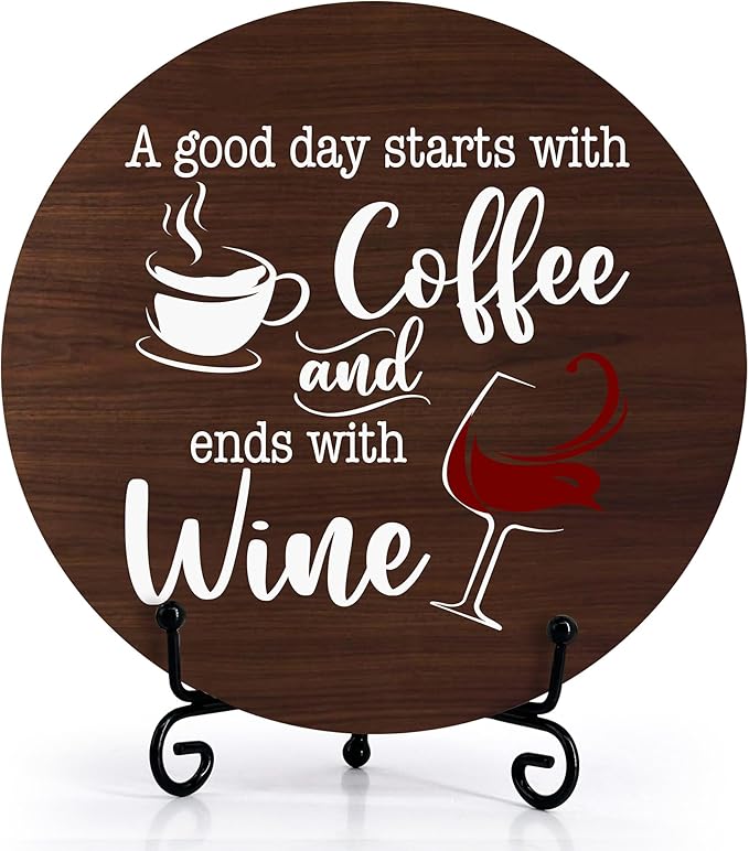 Coffee And Wine Desk Decor Sign, Rustic Funny Wooden Box Plaque, A Good Day Starts With Coffee And Ends With Wine Wood Sign, Decor For Home Kitchen Table Top, Wooden Round With Stand-21