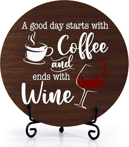 Coffee And Wine Desk Decor Sign, Rustic Funny Wooden Box Plaque, A Good Day Starts With Coffee And Ends With Wine Wood Sign, Decor For Home Kitchen Table Top, Wooden Round With Stand-21